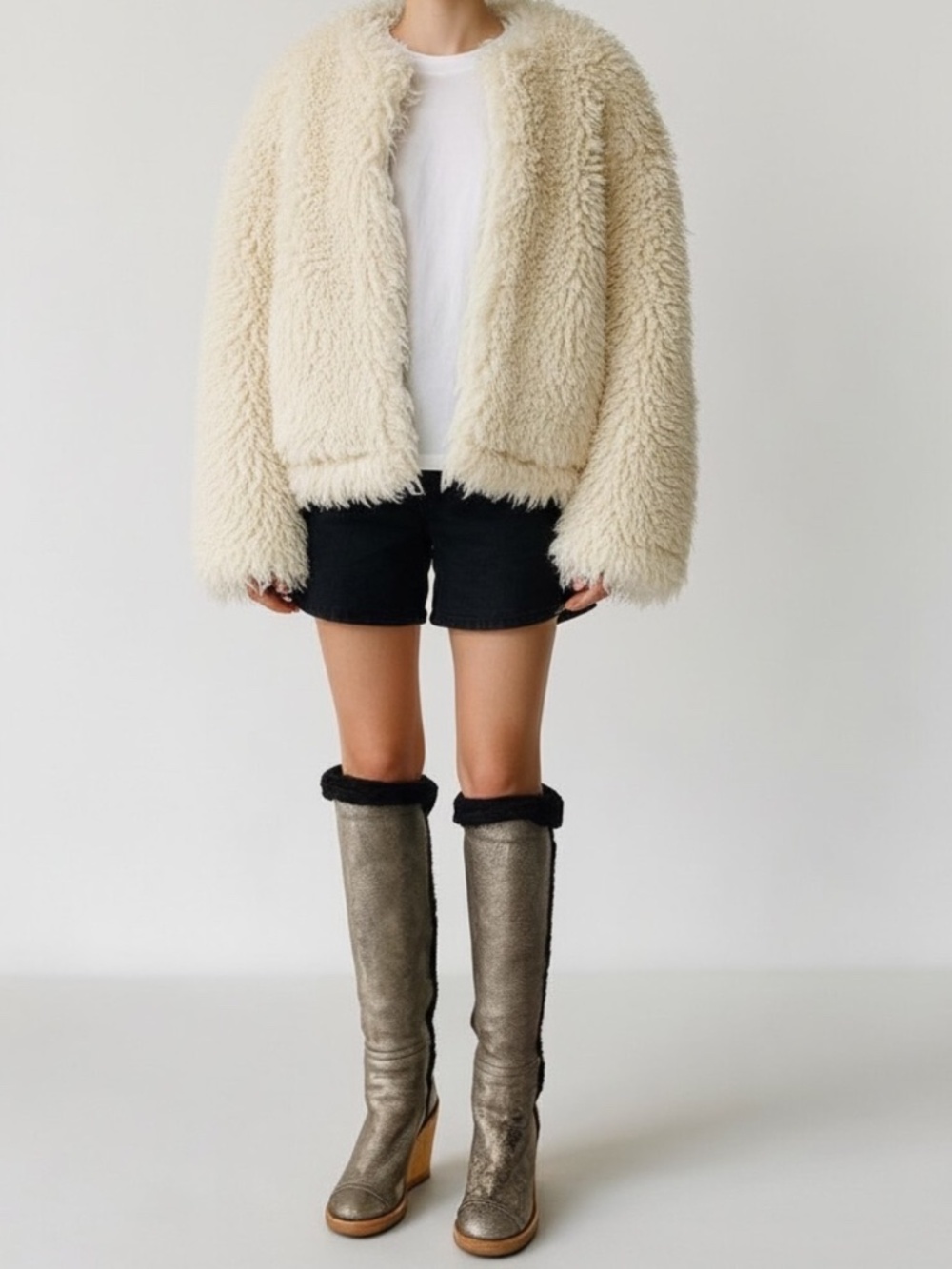 Chanel Karl Lagerfeld Rare Distressed Metallic Sheepskin Shearling Wedge Boot 40